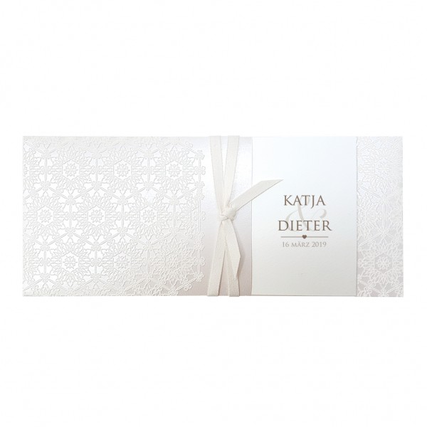 Elegante Einsteckkarte aus Perlmuttpapier mit Blütendruck aus Velour