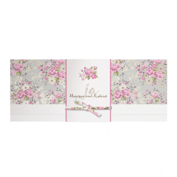Hochzeitskarte mit Blütendruck, Papierwickel und passendem Stoffbändchen