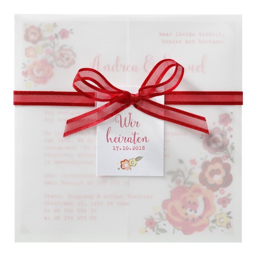 Farbenfrohe Hochzeitseinladung mit Banderole und Blumenaufdruck