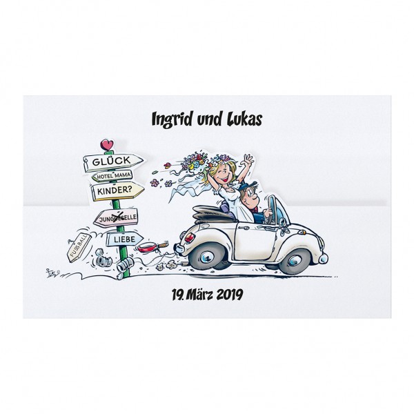 Lustige Hochzeitskarte in origineller Faltung mit fröhlichem Brautpaar im Auto